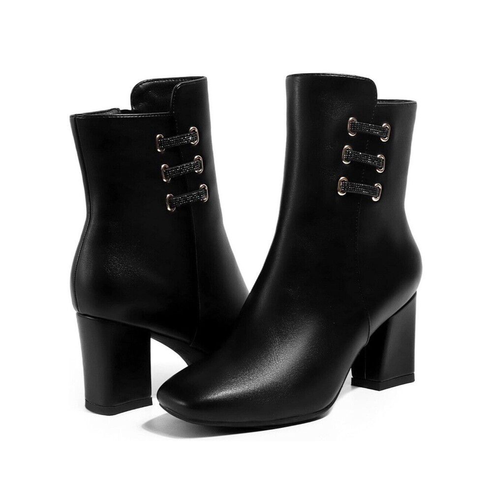 IDIFU Women's Ada Fashion Square Toe Ankle Boots Low Block Heel Short - Black 7 - Picture 2 of 7